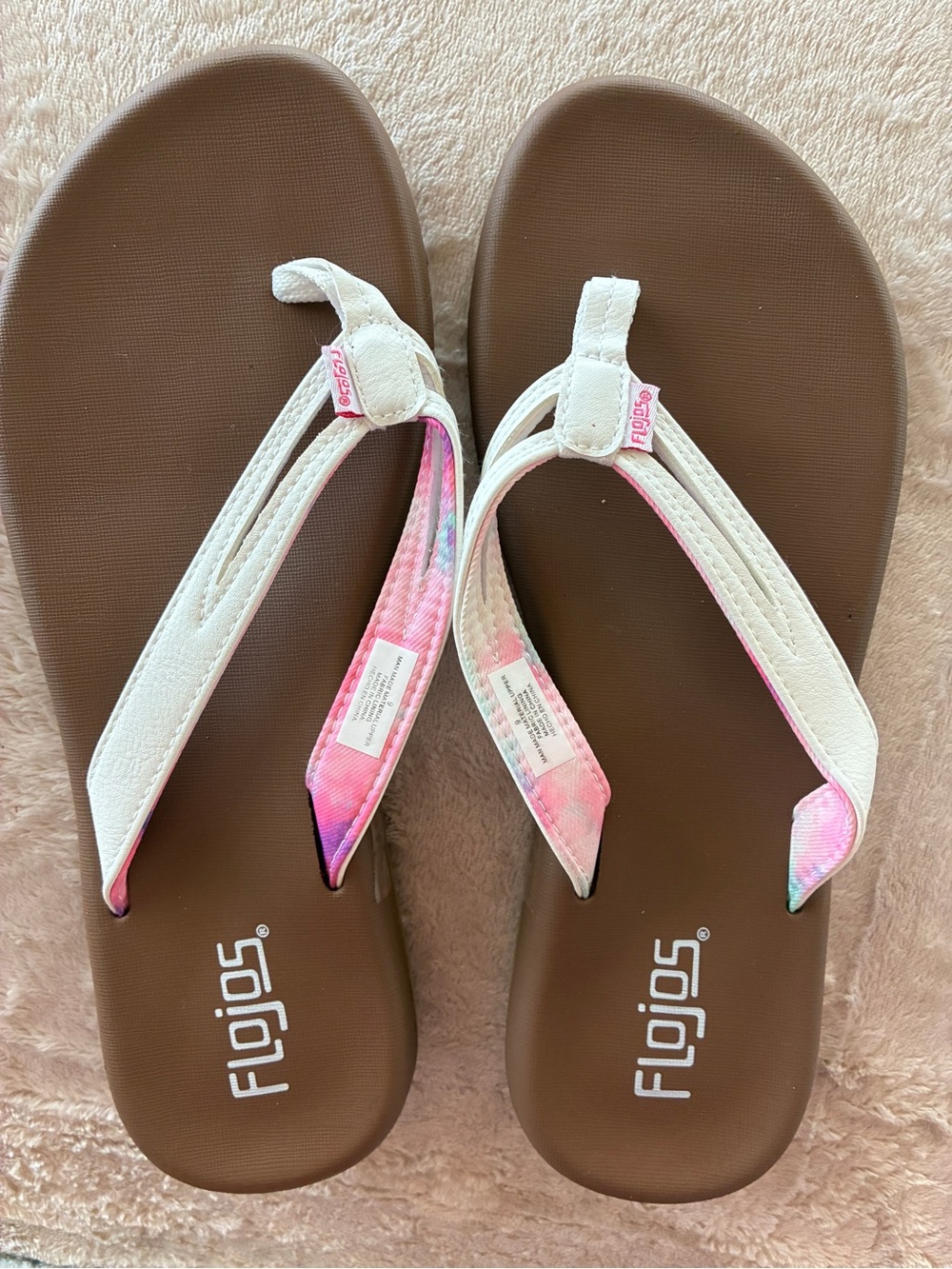 Flojos White Strappy Flip Flops with Pink Tie-Dye Accent